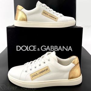 NEW DOLCE & GABBANA Gold Logo White Leather Portofino Sneakers EU 41 / US 10.5